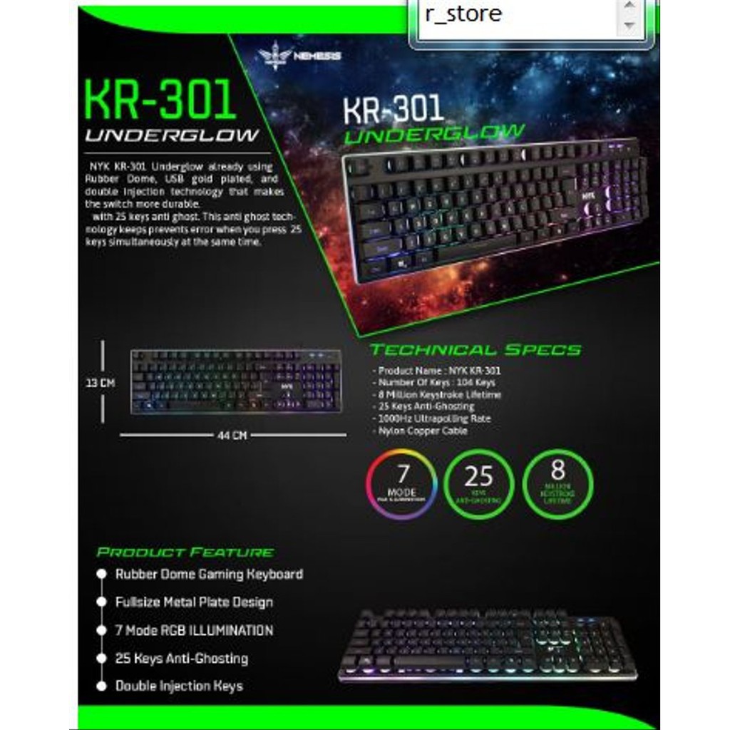 KEYBOARD GAMING NYK KR-301 RGB UNDERGLOW