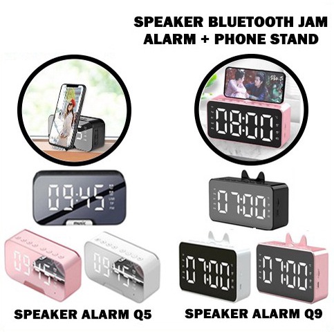 SPEAKER JAM Bluetooth Q5 Q9 LED Alarm Clock + Phone Stand Holder Digital Display Smart Portable Kaca