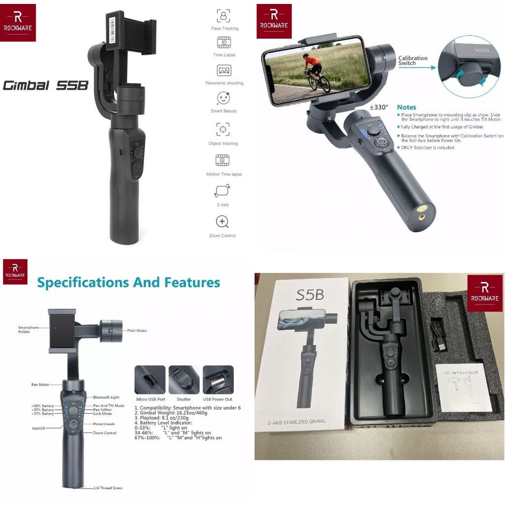 ROCKWARE RW-S5B - 3-Axis Folding Stabilizer - Gimbal Smartphone
