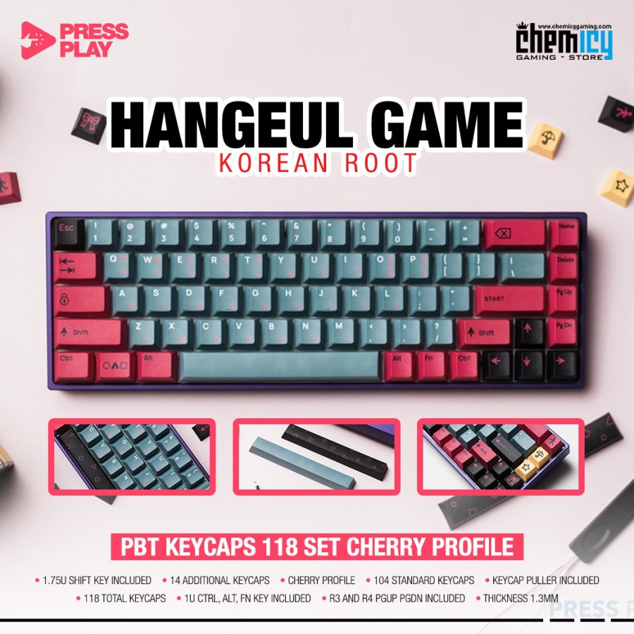 Press Play Hangeul Game Korean Root PBT Keycaps 118 Set Cherry Profile