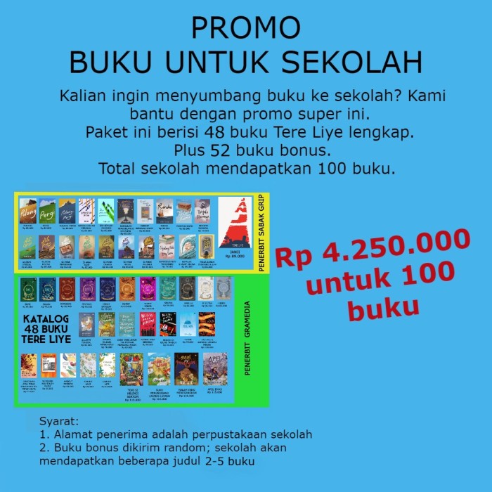 

HOT SALE!!! PROMO BUKU UNTUK SEKOLAH, 100 BUKU, RP 4,25 JUTA TERMURAH