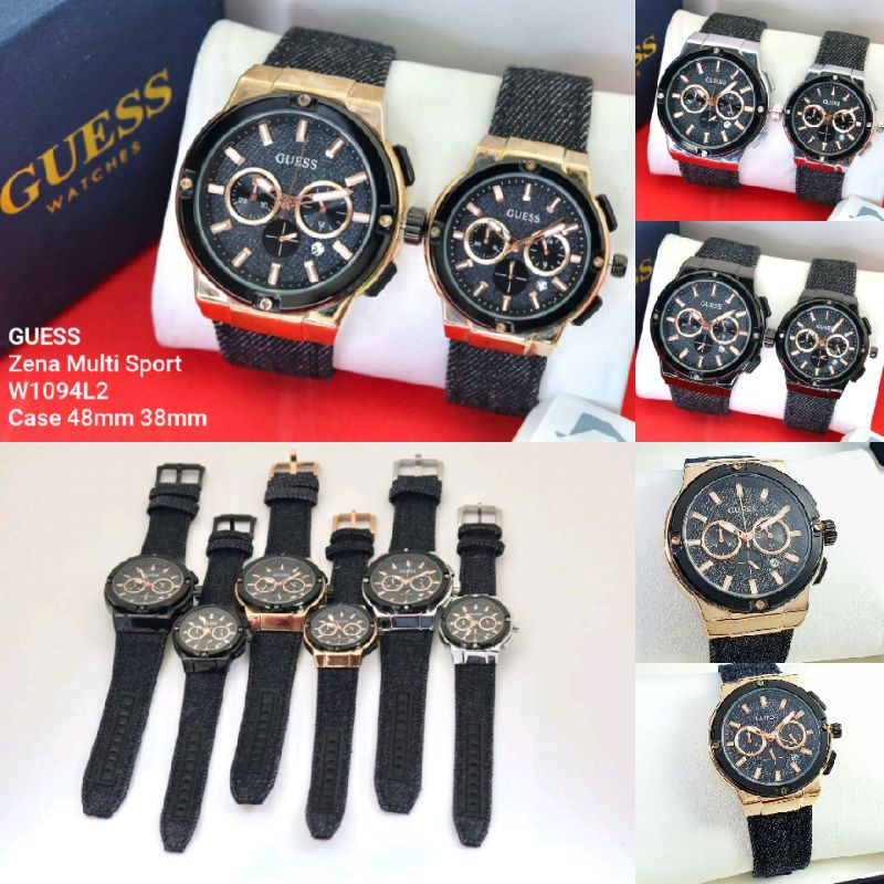 Jam Tangan Couple GUESS Zena Multi Sport W1094L2 48mm 38mm Japan Chronograph Velvet Strap