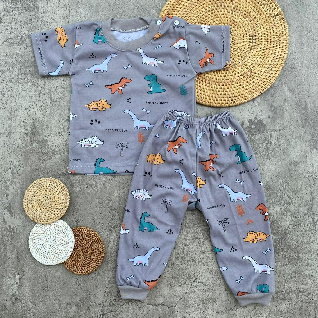 Setelan Baju Bayi Piyama Bayi lengan Pendek Celana Panjang Kancing Pundak Motif Printing Dino Usia 3-12 Bulan Almeera Baby and Kids