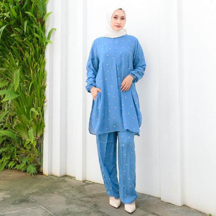 PAJAMAS SET CELANA BAJU MUSLIM ONE SET TEI DYE WANITA PIYAMA PAJAMAS-KG DENIM