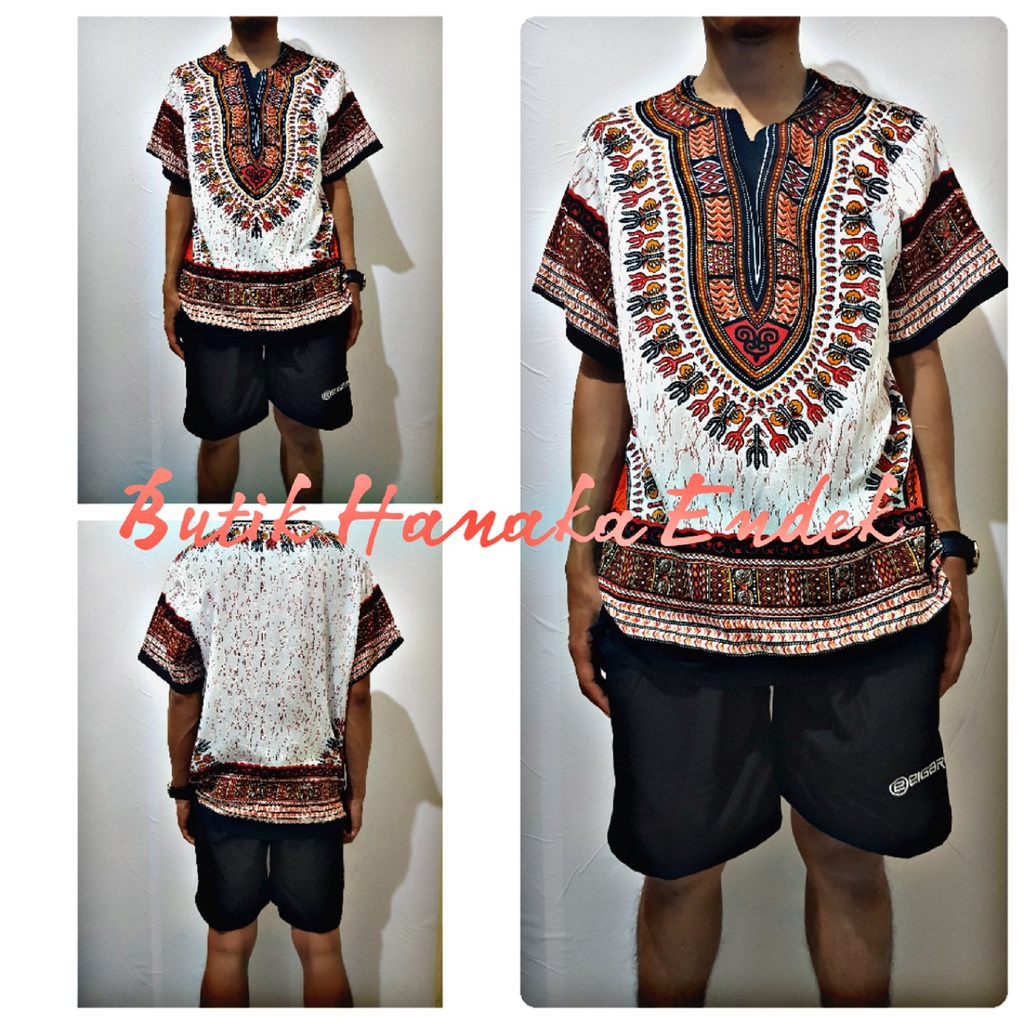 Baju dan Celana Pendek Setekan Etnik Dashiki Putih Pria/Wanita (Unisex)