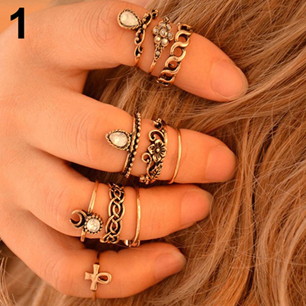 Hu Hu Hu Hu Hu Alat Bantu Pasang Kacamata♡ 10pcs / Set Cincin Knuckle Vintage Desain Bunga Hollow Anti Karat Untuk Wanita