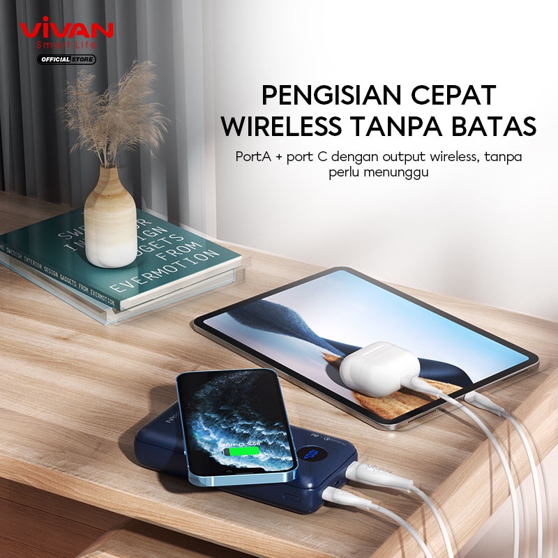 VIVAN Powerbank 20000 mAh VPB-W20 Wireless 3 Output Fast Charging 15W QC3.0 PD Support Smartphone All Type-Garansi Resmi ORIGINAL