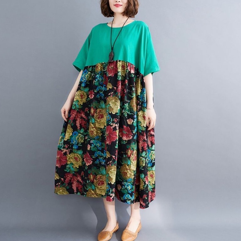 73003 Baju Dress oversize bunga lengan pendek  jumbo ukuran besar untuk cewek besar bigsize bahan ad