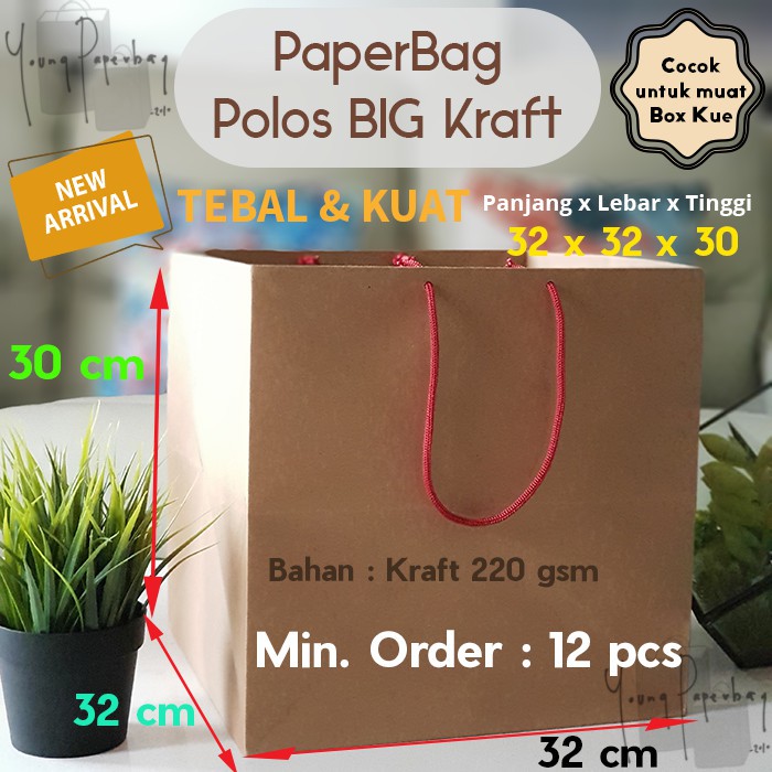 

[220gsm] Paper Bag Kue/Cake/Nasi/Bento Box Polos Kraf Coklat Tebal 32 x 32 x 30 (1 lusin)