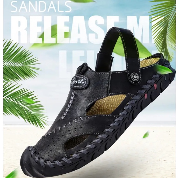 Sandal kulit pria Sandal pria  Sandal Slide pria Sandal Pantai 【Dua cara untuk dipakai】Sepatu buatan tangan