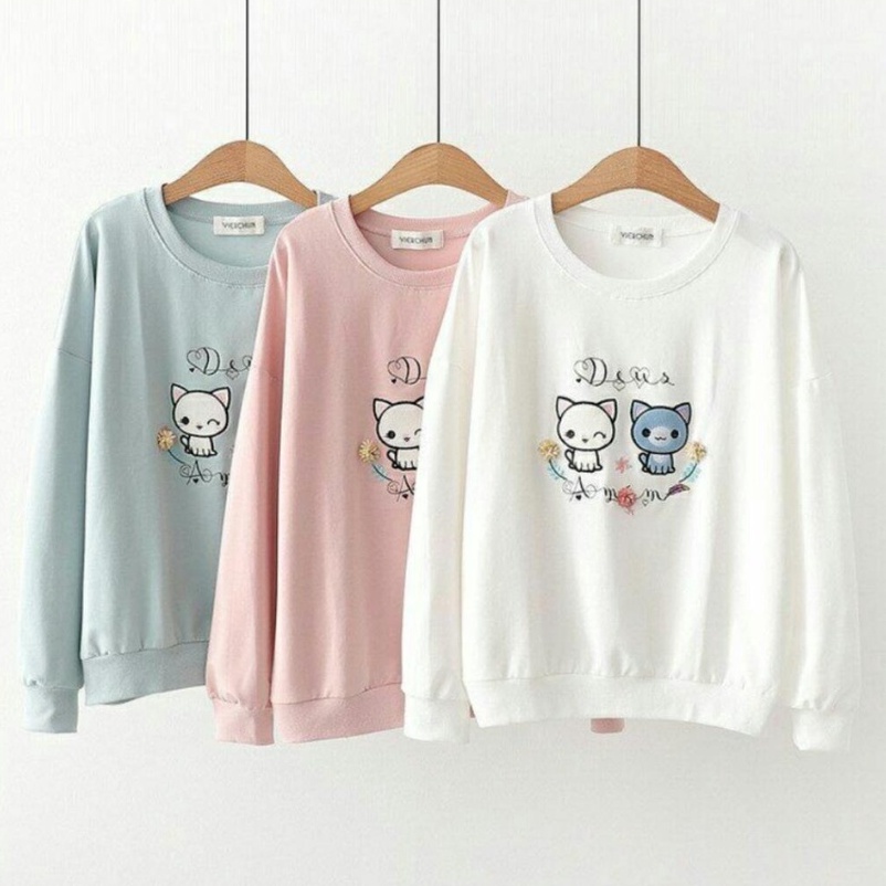 SWEATER WANITA CAT FLORAL / BAJU WANITA LUCU BAHAN FLEECE TEBAL HALUS PREMIUM TERBARU'