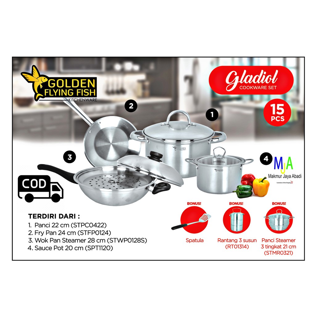 (BISA COD) PROMO Panci Set Golden Flying Fish Cookware Set Gladiol 15pcs STAINLESS STEEL Premium