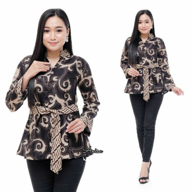 Atasan Batik Blus Batik Wanita Tali Pinggang Size M L XL XXL