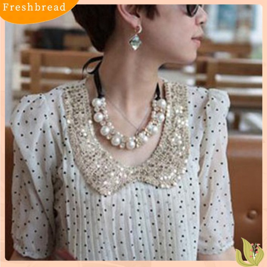 【Fresh】Women Fashion Double Row Faux Pearl Adjustable Ribbon Chain Choker Necklace