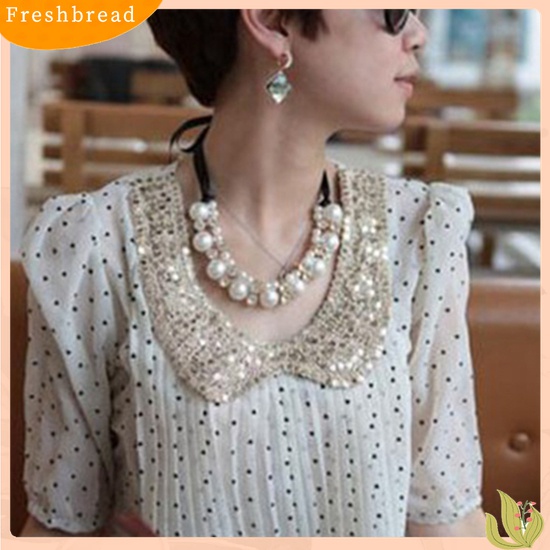 【Fresh】Women Fashion Double Row Faux Pearl Adjustable Ribbon Chain Choker Necklace