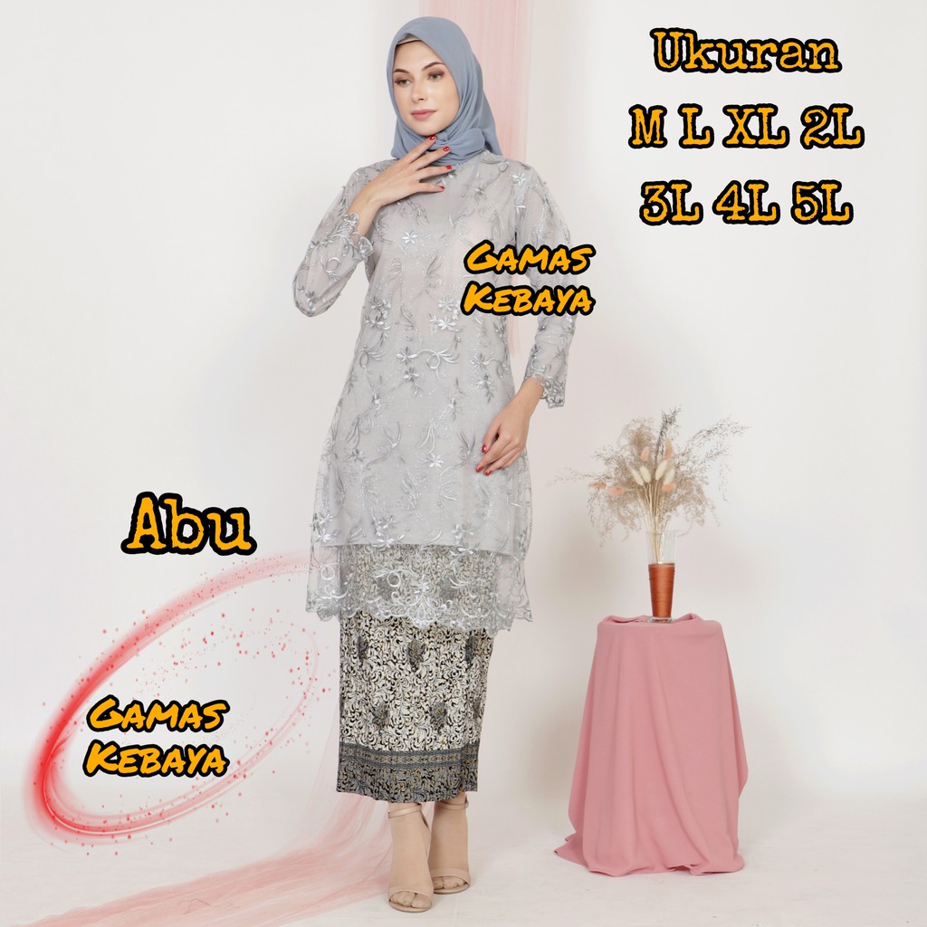 SETELAN KEBAYA TUNIK TILE MUTIARA/KEBAYA MODERN/KEBAYA WISUDA/KEBAYA BRUKAT/KEBAYA JUMBO/BROKAT-Abu