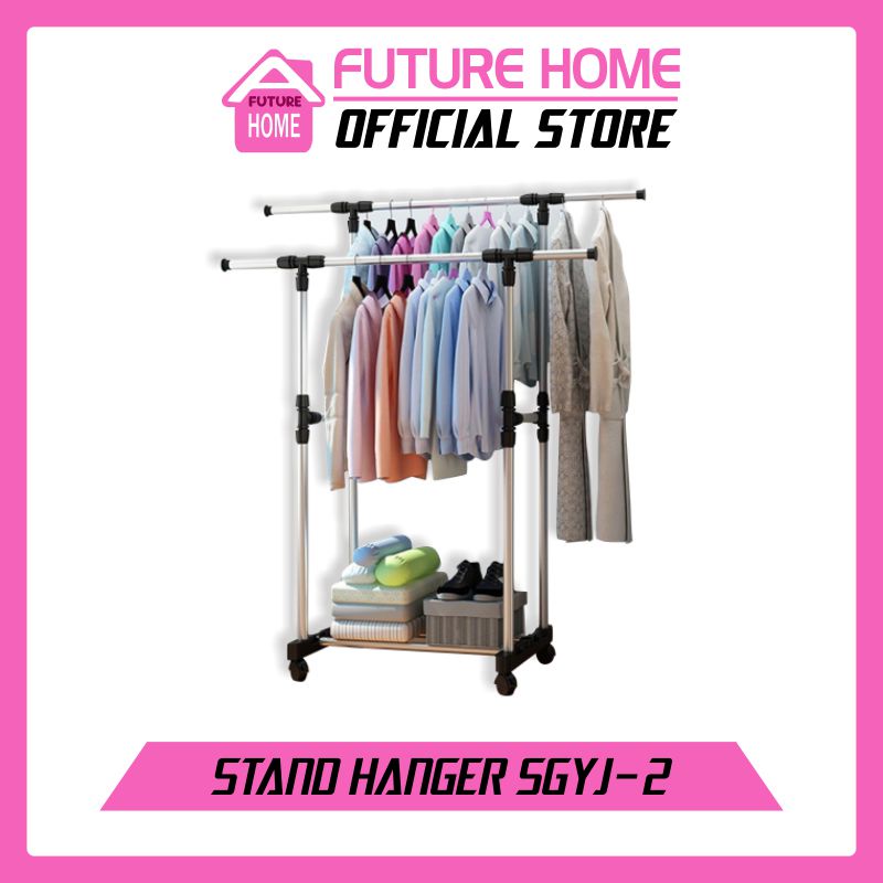 Stand Hanger Double Sisi Rak Serbaguna Dgn 4 Roda Lemari Gantung multifungsi rak hemat tempat