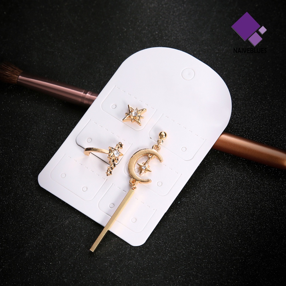 3pcs / Set Anting Stud Bentuk Bulan Bintang Aksen Berlian Imitasi Untuk Wanita