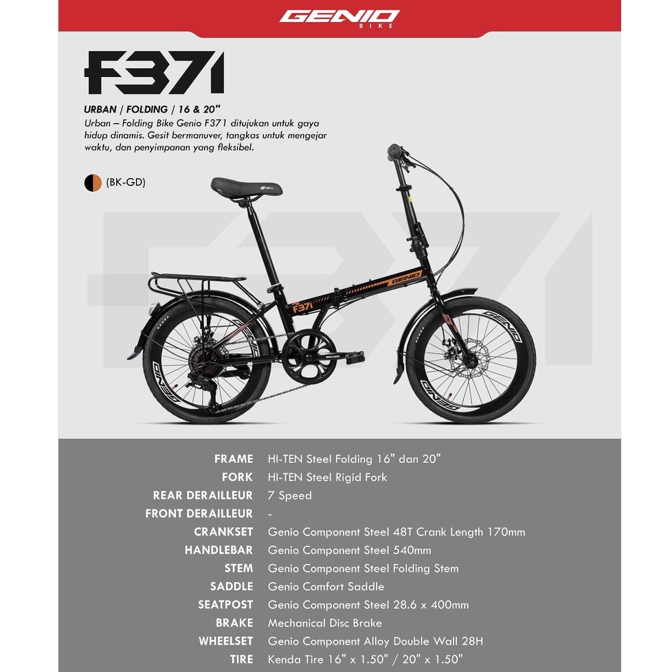 Sepeda Lipat Genio F371 F 371 mirip lunox Folding 16 Inch dan 20 Inch 7 speed SNI garansi resmi kirim seindonesia bisa cod cash kredit hitam biru kining silver abu grey blue black boncengan rem cakram-3