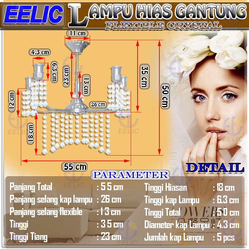 EELIC LHG-83 LAMPU HIAS GANTUNG CRYSTAL LIMA KAP SELANG FLEXIBLE DENGAN HIASAN MANIK CRYSTAL