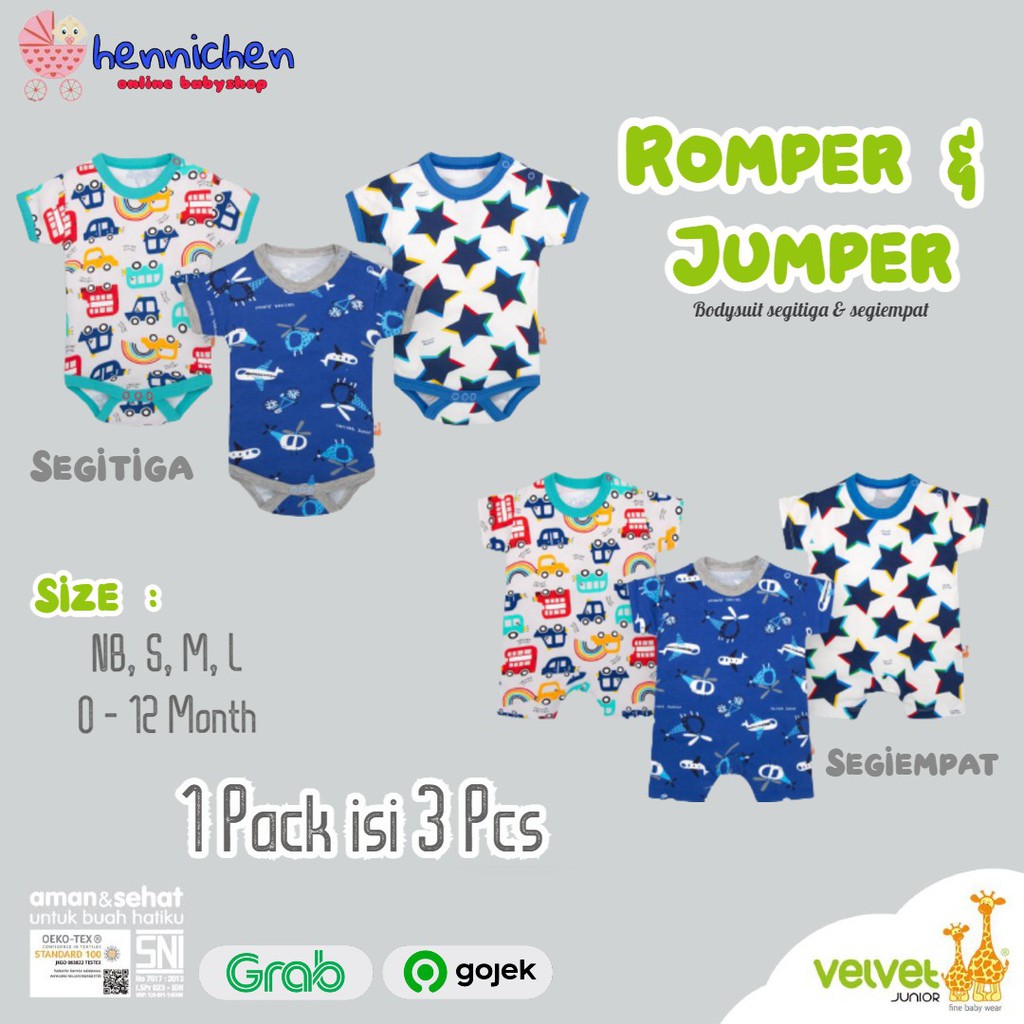 Velvet Junior ROMPER JUMPE Size NB/S/M/L 3 Pcs Active wear Jumper Segiempat Boy ISI 3 PCS 0-12 BULAN