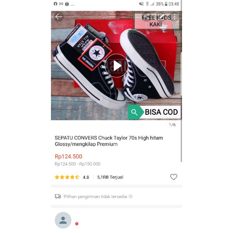 Sepatu Convers 70s High hitam Premium Bnib