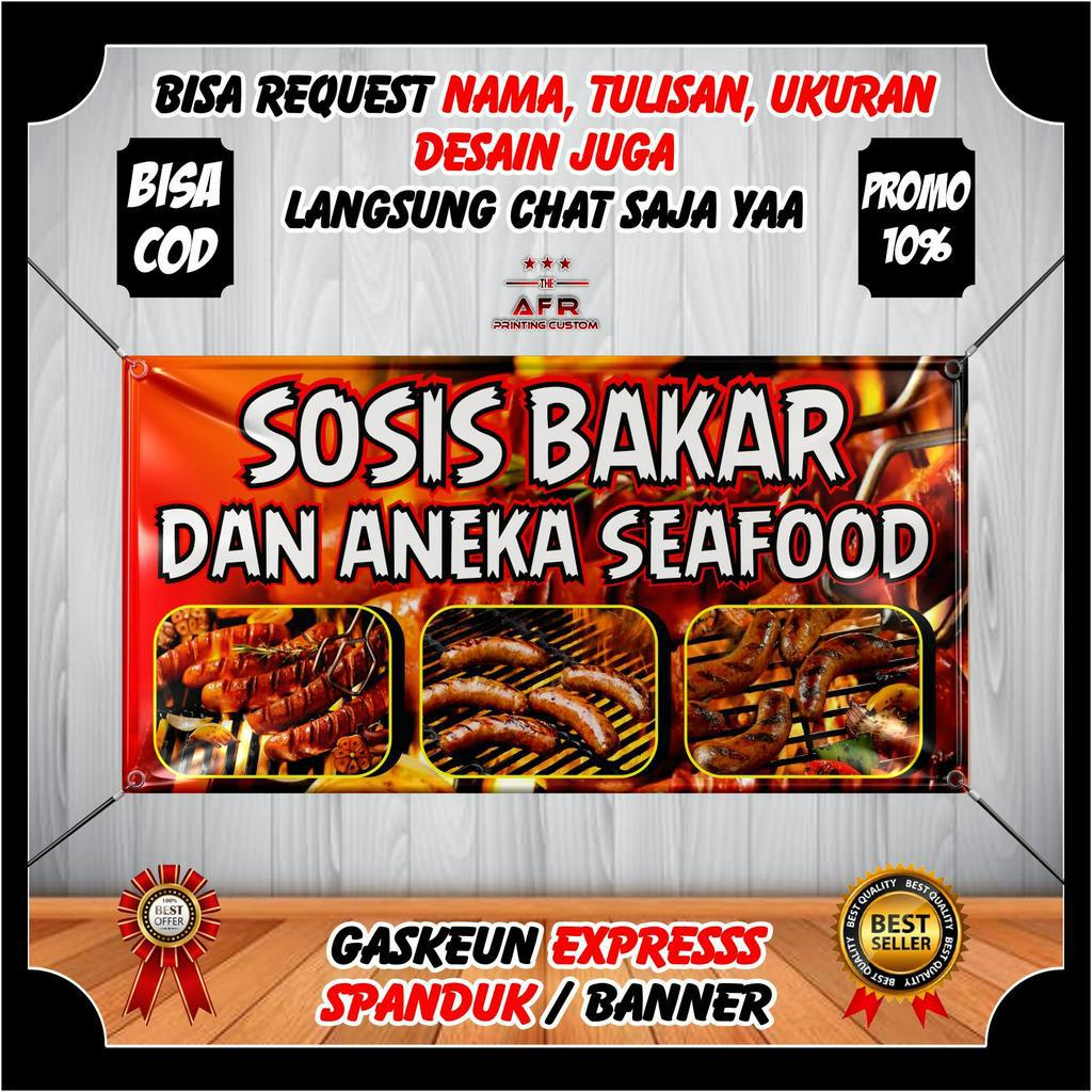 Spanduk Sosis Bakar & Bakso Bakar / Banner Jualan Bakso Bakar Sosis Bakar Seafood Bakar Desain Premi