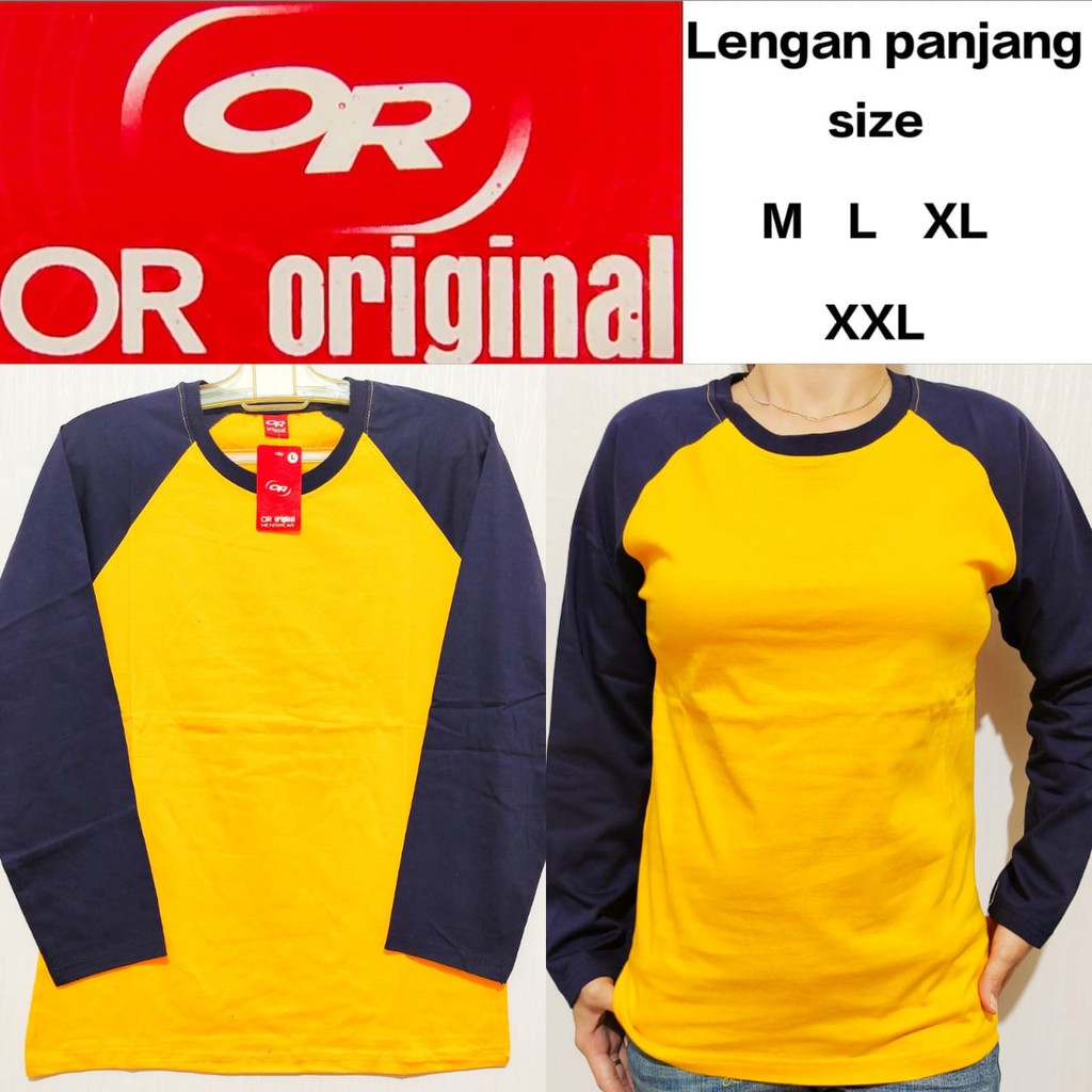 kaos polos raglan kuning lengan biru Dongker/navy panjang M L XL XXL