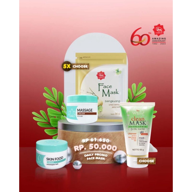 Paket 5 Viva Face Mask Masker Wajah 1 Skin Food Cream 30 gram 1 Massage Cream 30 gram 1 Clean Mask Facial Wash