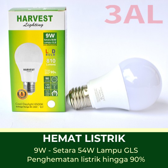 9W - Paket Isi 3 HARVEST LIGHTING Lampu Bohlam LED A Bulb  9 Watt Hemat Energi Original Bergaransi