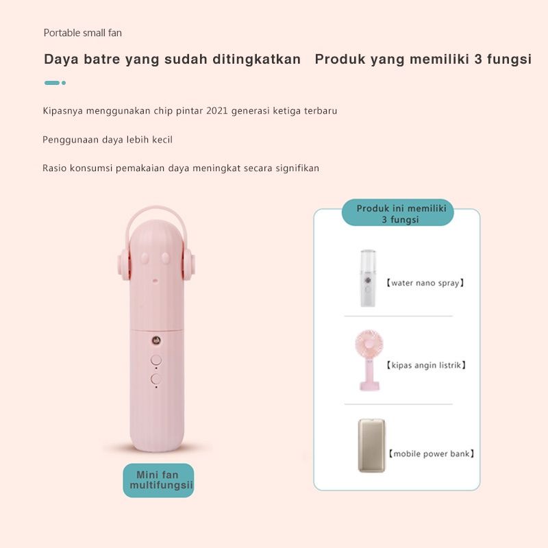 Nano Spray Powerbank Cute  3 in 1 Kipas Angin Portable Mini Usb  Aksesories Mini Fan Tali Gantung Serbaguna