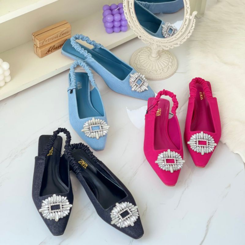 PROMO SALE  Zara Flat Shoes Sepatu Sandal Pesta Biru denim pink blue black hitam