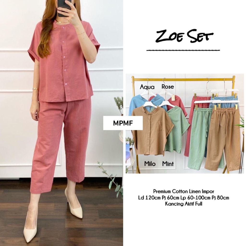 Zoe Set - Setelan One Set Polos Wanita Katun Linen Lengan Pendek Jumbo Ld 120 Kekinian Terbaru-3
