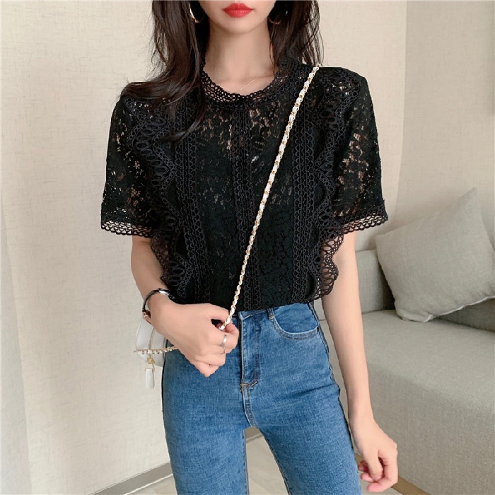 #Sisjuly# Wanita Kemeja Renda Musim Panas Baru Warna Solid Leher Bulat Lengan Pendek Crochet Hollow