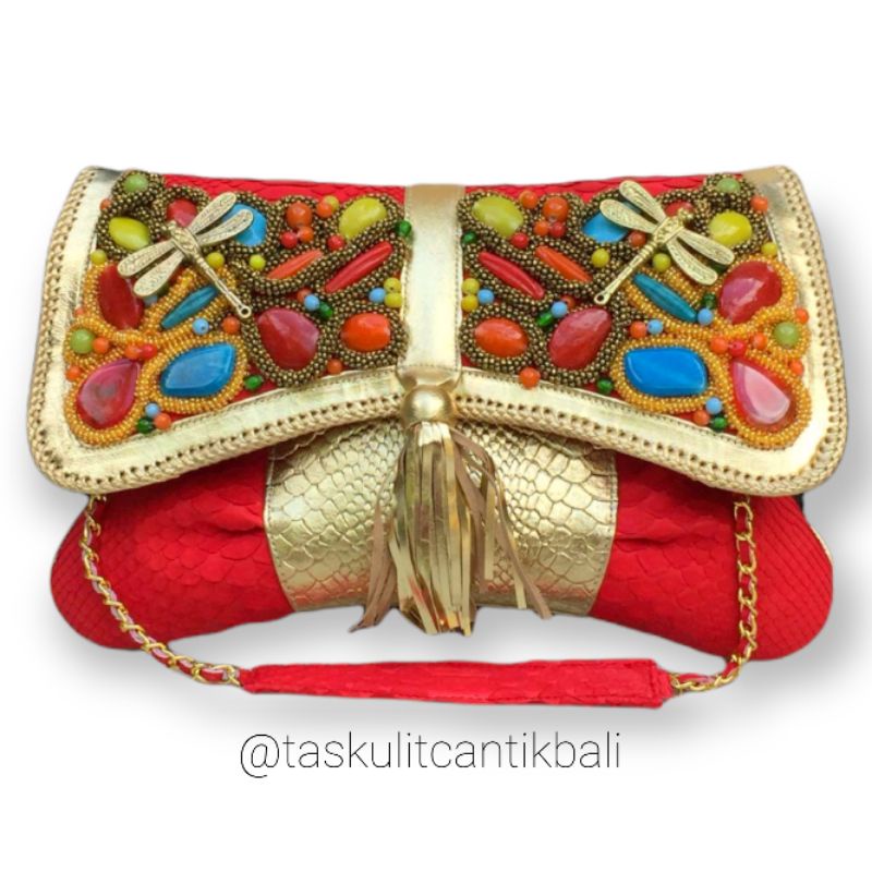 Clutch Pesta Kimberly Size XL Red Color - Clutch Model Minang/Rinca Asli Tas Kulit Ular Piton