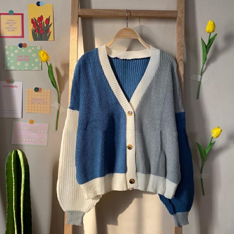 COD - HELEN CARDIE | CARDIGAN RAJUT TWIST PREMIUM | OUTER OUTERWEAR KNIT MIX WARNA KOMBINASI | KARDIGAN TEBAL HIGH QUALITY.helena-Denim Abu