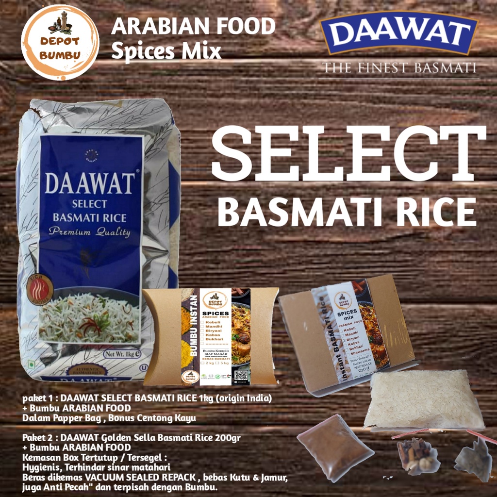 

DAAWAT SELECT Basmati Rice Asli India paket plus Bumbu Instan ARABIAN FOOD DEPOT BUMBU pilih