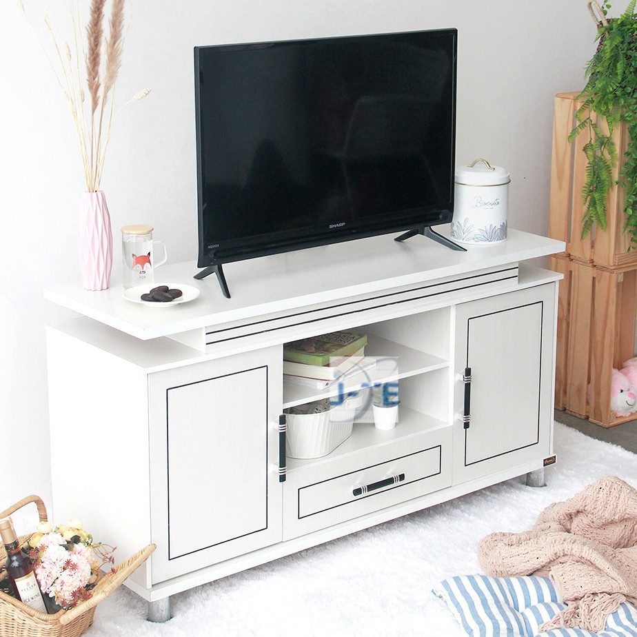 Meja TV 3 Laci dan 2 Rak Tengah Putih Minimalis & Modern F2C Furniture