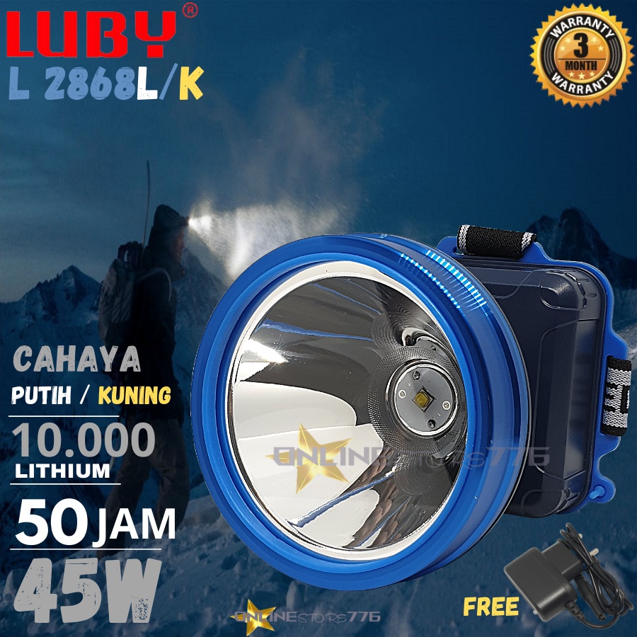 SENTER KEPALA / SENTER KEPALA LUBY L2868K - L2868K - L2868 / SENTER KEPALA RECHARGEABLE / CAHAYA PUTIH DAN KUNING / SENTER KEPALA 45 WATT - 45W / TAHAN 50 JAM