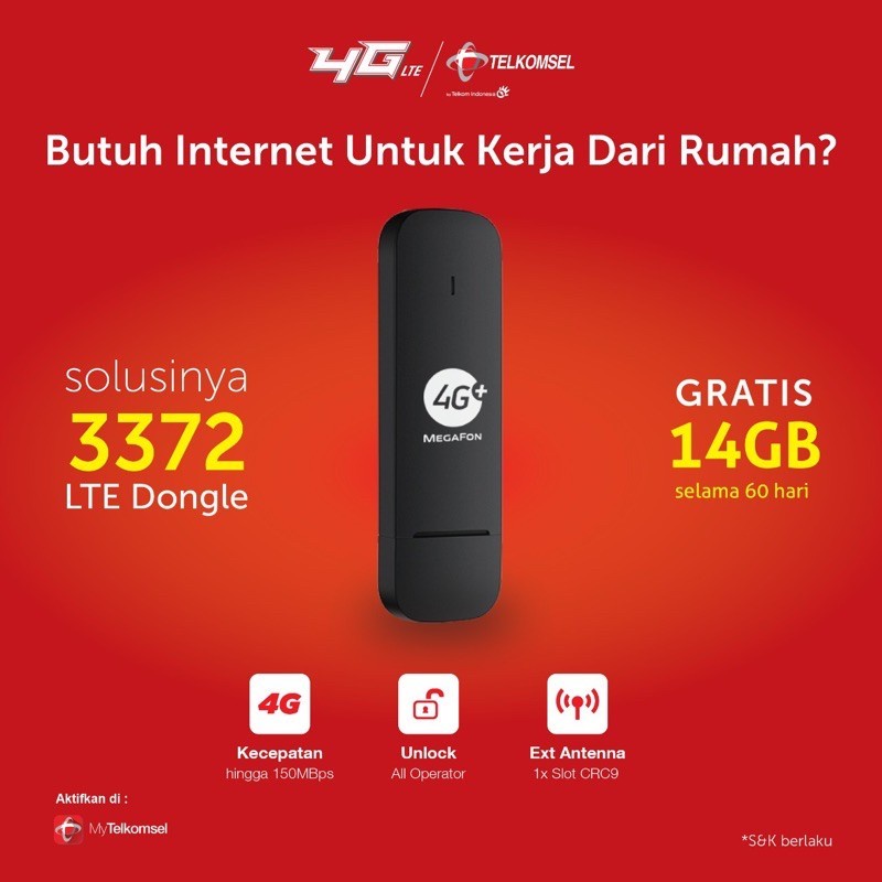 Modem 3372 Megafone Unlock 4G Free Telkomsel 14gb