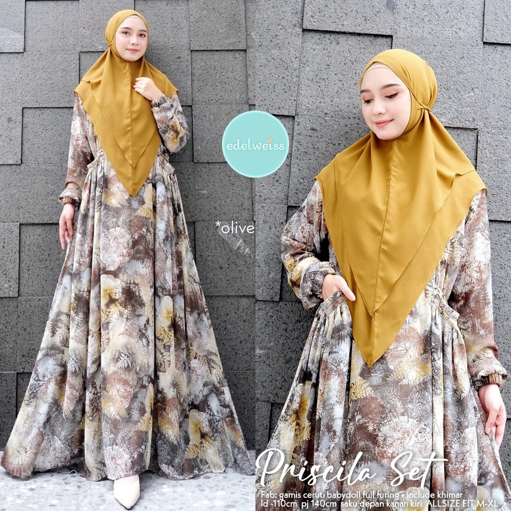 [[ BISA COD ]] TIDAK ORI UANG KEMBALI - ORI BERLABEL EDELWEISS - PRISCILLA SET | GAMIS EDELWEISS ORI