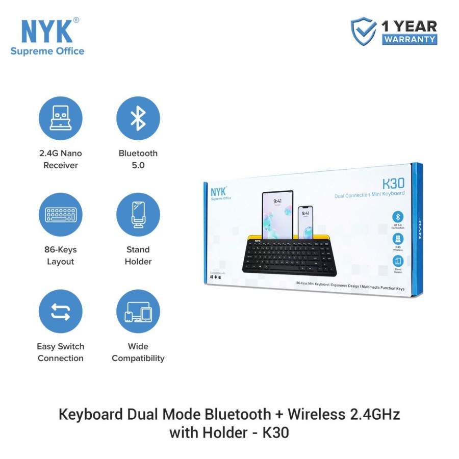 NYK K30 Keyboard Dual Mode Bluetooth + Wireless with Holder HP Tablet