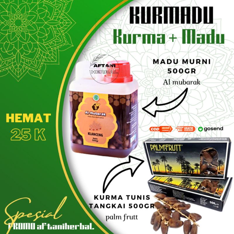 

paket KURMADU - kurma tunis tangkai PALM FRUTT 500gr + madu AL MUBARAK 500 gr - bandling kurma dan madu - kurma tunis tangkai - kurma palm frutt - hampers kurma dan madu