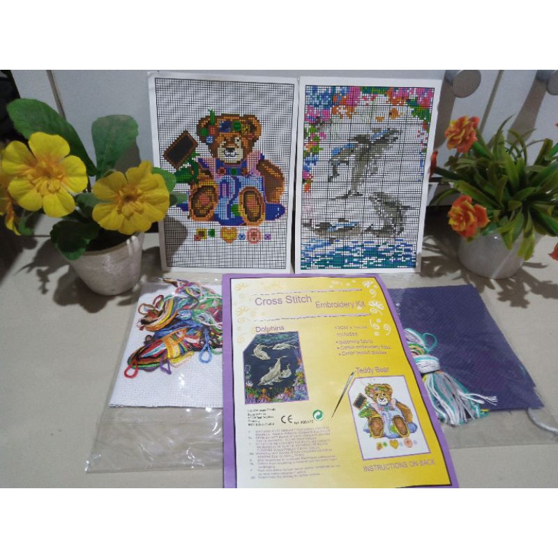 Paket isi 2 Motif Dolphin dan Teddy Bear Kristik Alat Sulam Jahit Strimin Cross Stitch DIY