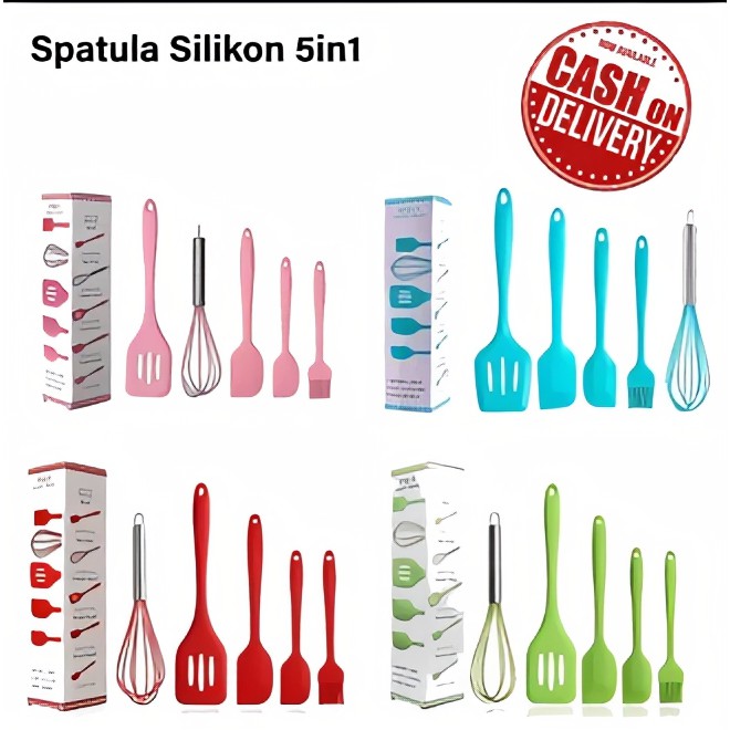 [BISA COD] PROMO Spatula Set isi 5 Pcs Silikon Anti Lengket Alat Masak Set Sutil Sodet Kocokan Kuas Silikon Murah Terjangkau