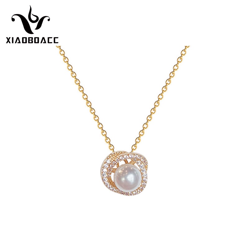 XiaoboACC Kalung Rantai Klavikula 18K Gold Plated Zircon Mutiara Bahan Titanium Steel Ukuran Untuk Wanita - 38CM + 6CM