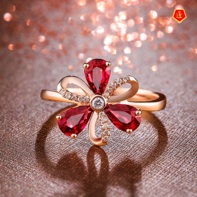 [Ready Stock]Elegant Personalized Flower Ring Rose Gold Ruby