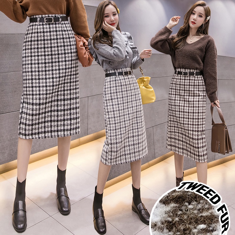 KARAKOREA 7707 Tweet Fur Midi Skirt + Belt/Korean Midi Skirt/Rok Midi/Office Skirt/Rok kerja