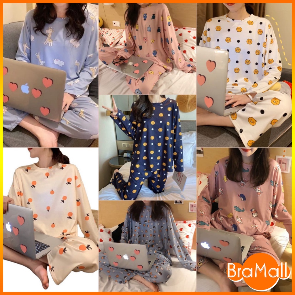 【 Bra Mall 】BM-308 Baju Tidur Set Baju + Celana Setelan Piyama Wanita Lengan Panjang Motif Kartun