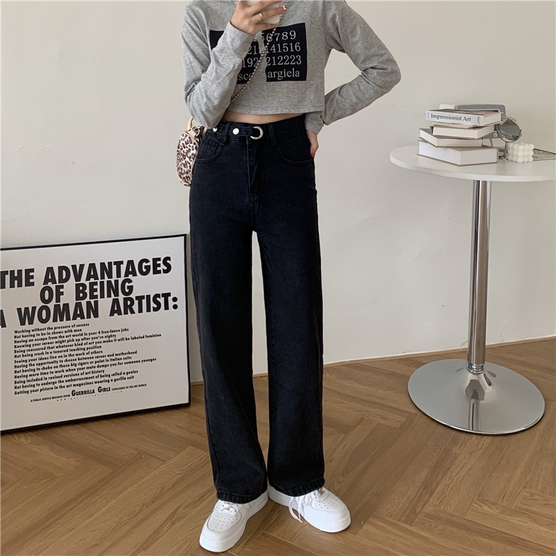 korean style new hitam kekinian longgar pengait celana jeans panjang wanita